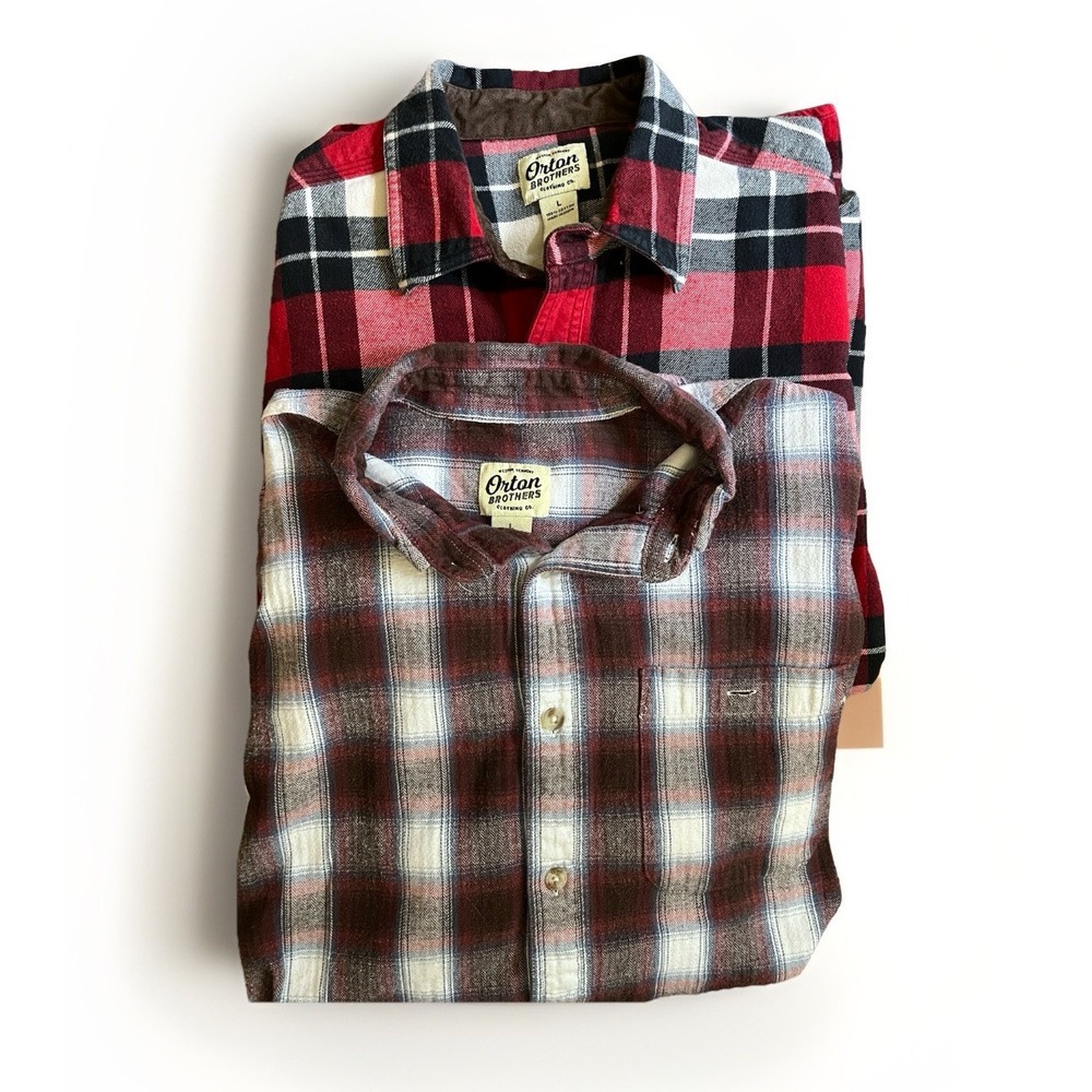 Orton Brothers Men's 2 Size LG Cotton‎ Plaid Flannel Shirts Red Button Down